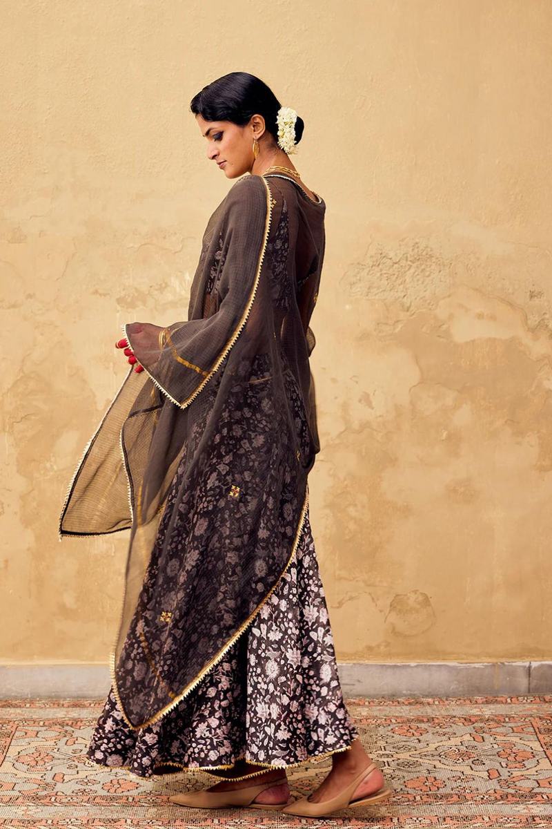 Damak Ghagra set with Dupatta chanderi by Khara Kapas in charcoal for women in Singapore