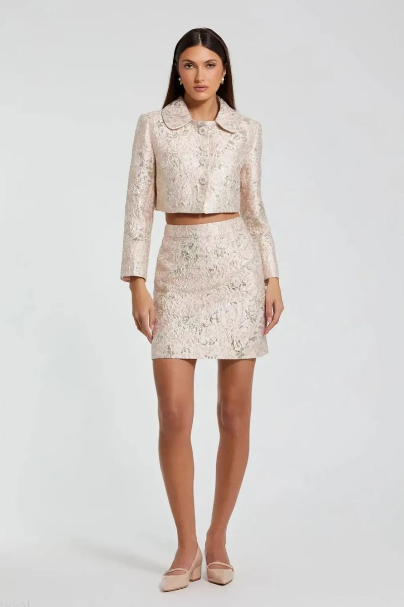 Pink Brocade Mini Skirt brocade by Mac Duggal in blush color for women in Singapore