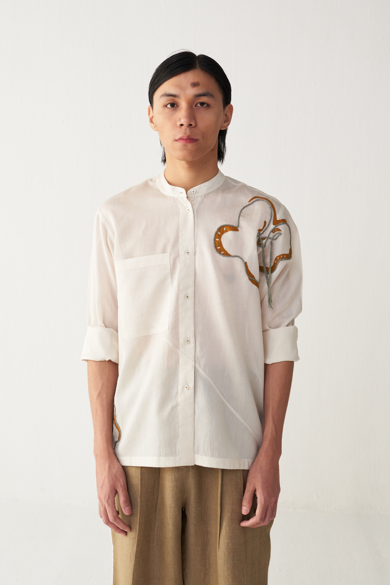 FLORAL ROPE EMB. SHIRT chanderi by THREE Men in ivory color for men in Singapore