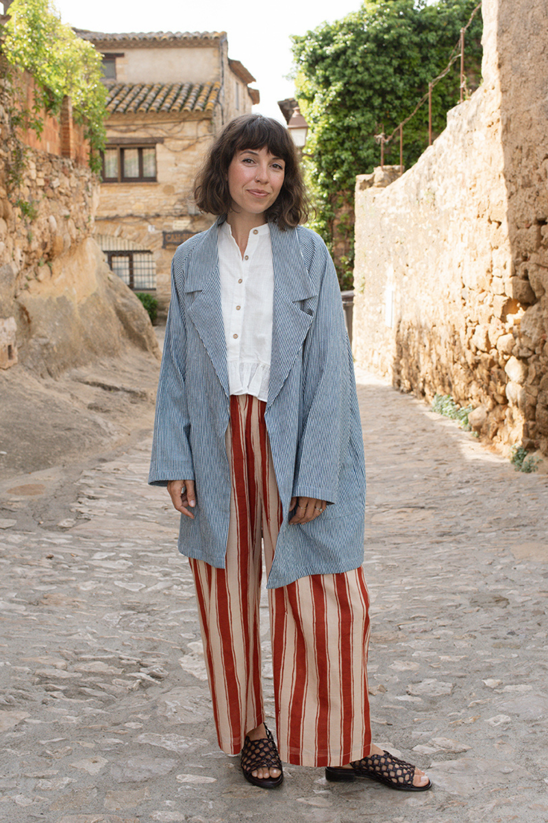 The Artist Coat-Blue Stripe handwoven cotton jacket/overlay by World of Crow in multicolor for women in Singapore