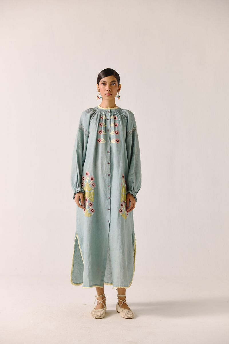 Chloe Dress - Pale Blue Pixel Applique linen by CORD in blue for women in Singapore