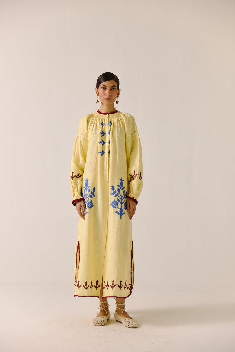 Chloe Dress - Butter Yellow Bird Applique linen by CORD in yellow for women in Singapore