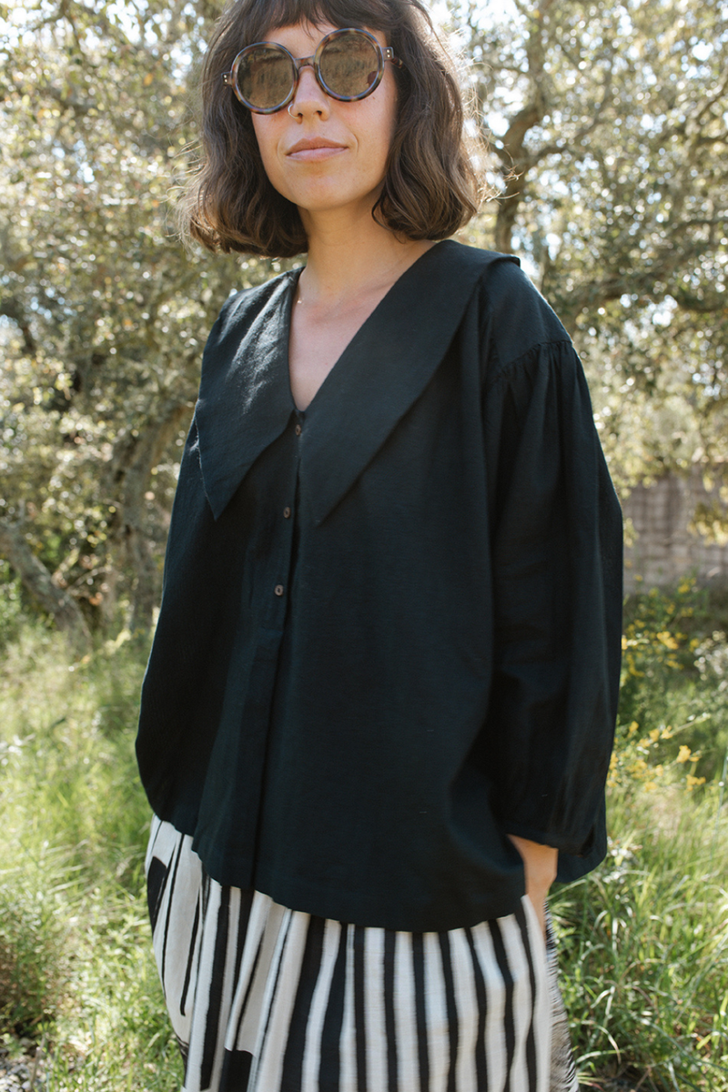 Foundational Blouse-Black cotton muslin top/shirt by World of Crow in black for women in Singapore
