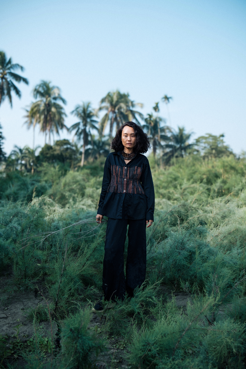 Upcycled Hunza Shirt - Black Copper cotton by The Terra Tribe in black color for women in Singapore