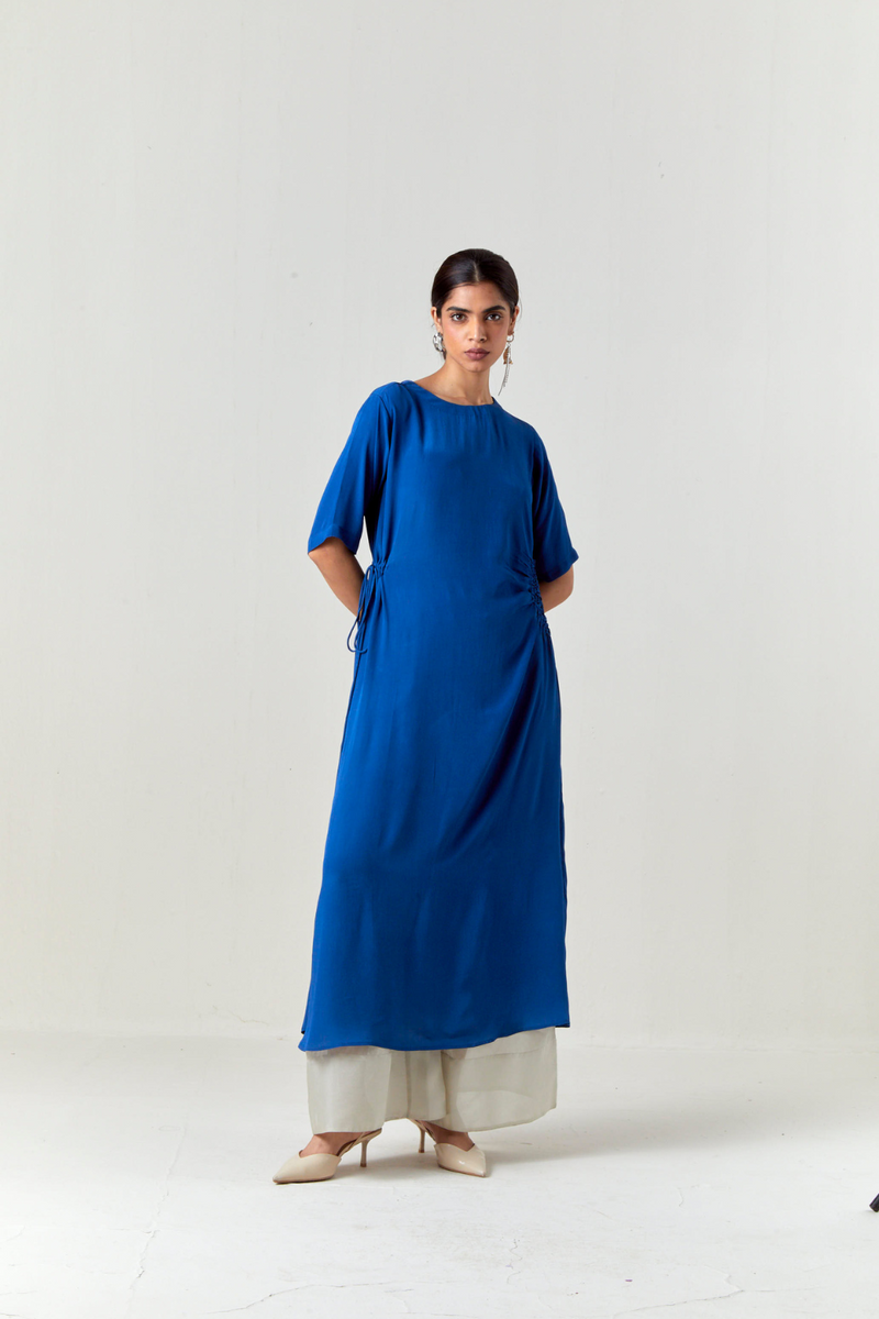 RUCHING TUNIC CO-ORD-ELECTRIC BLUE by THREE in blue color for women in Singapore