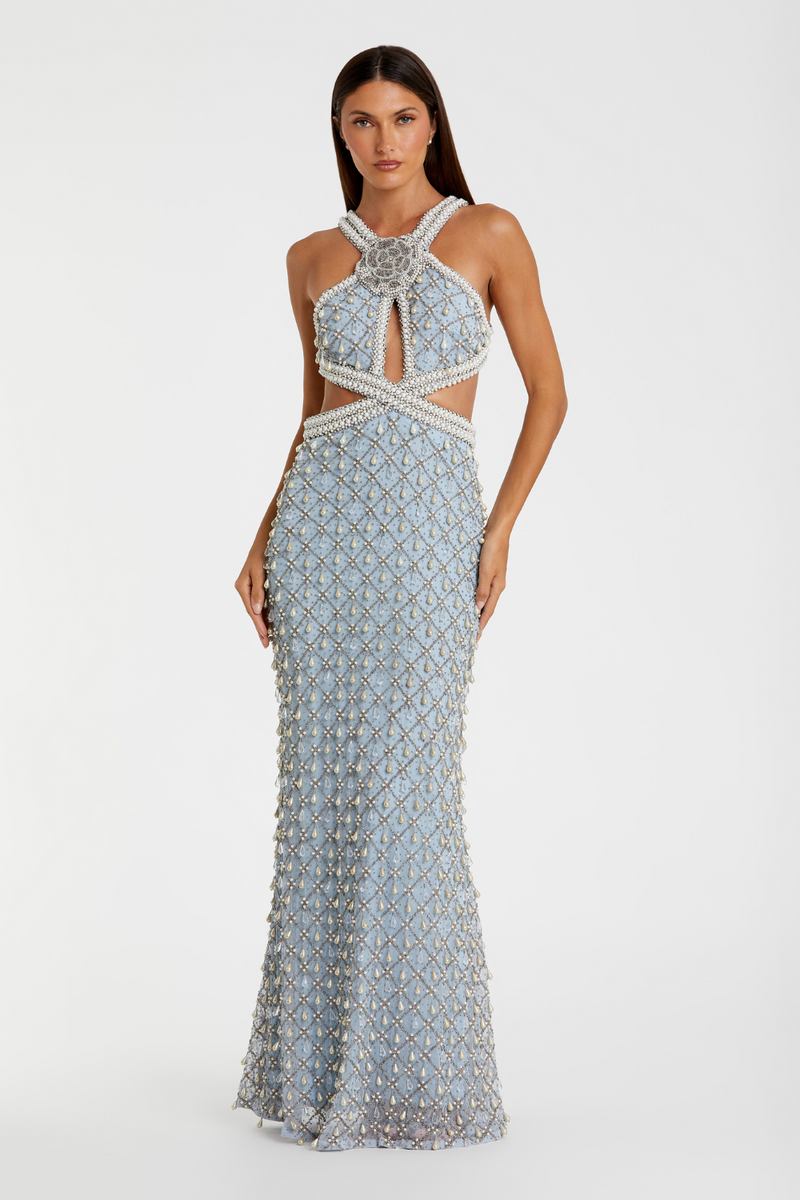 10098-Pearl Embellished Gown-Vintage Blue by Mac Duggal in blue color for women in Singapore