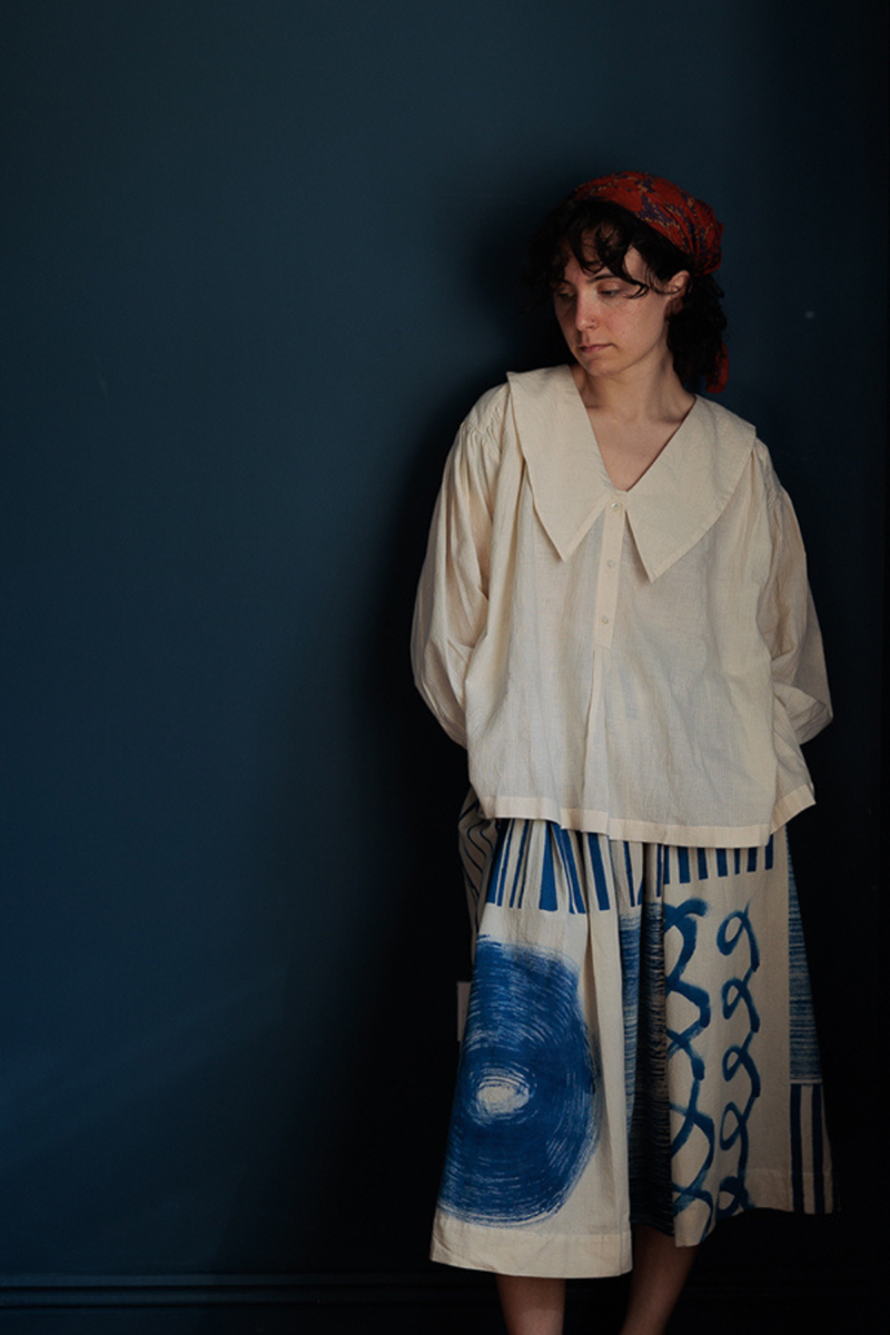 The Joy Skirt-Painted Indigo handwoven cotton skirt by World of Crow in indigo blue for women in Singapore