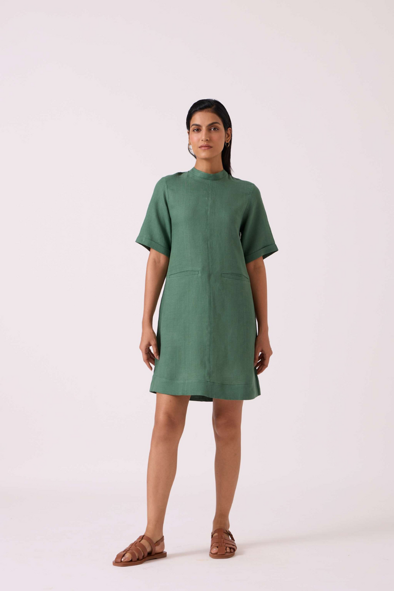 Tula Green Linen Shift Dress linen by The Summer House in green color for women in Singapore