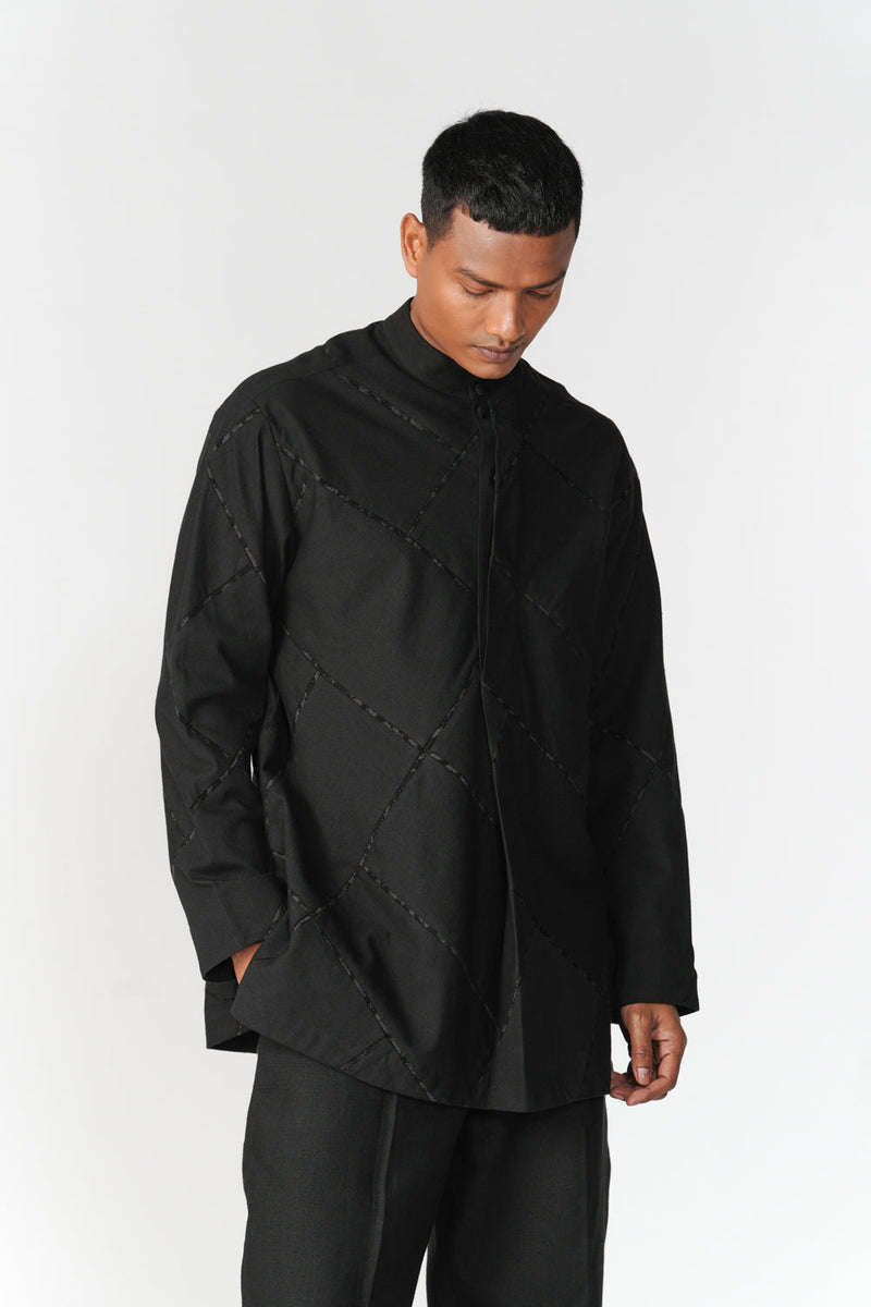 Patchwork Double Placket Shirt top/shirt by Turn Black in black for men in Singapore
