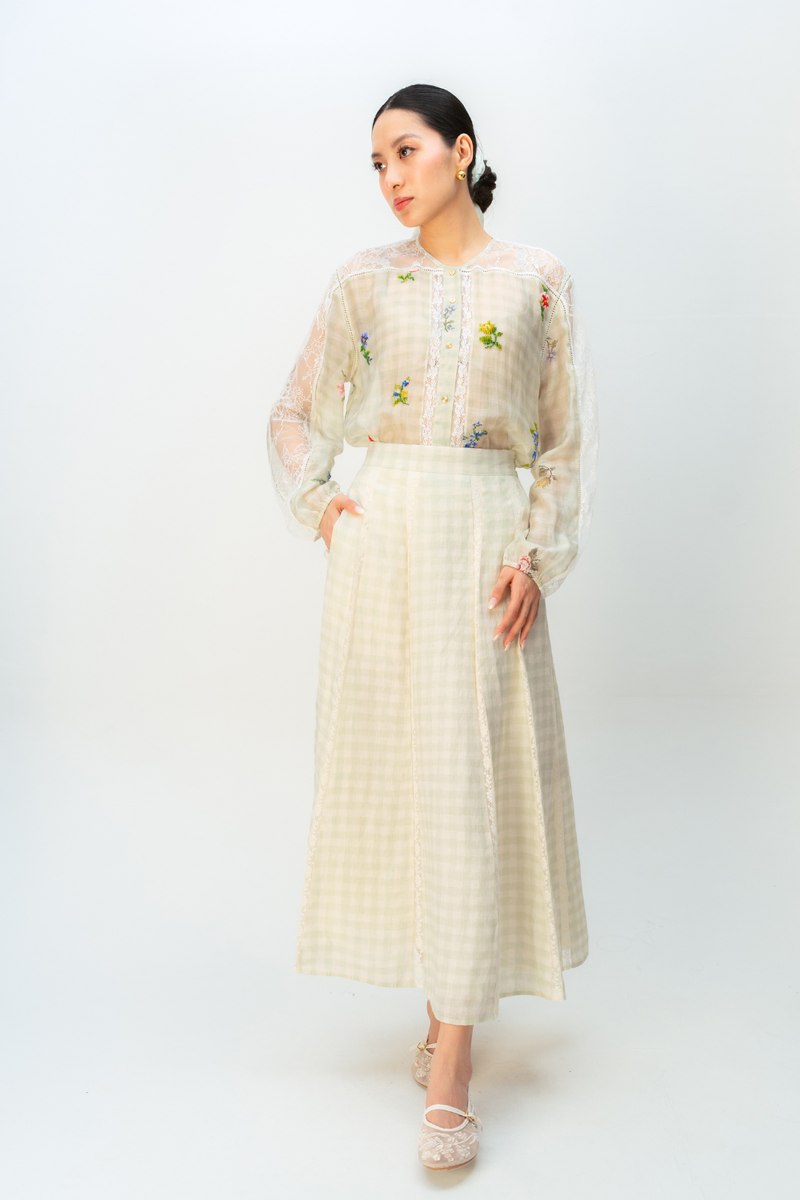 FAIRY CHECK SKIRT linen skirt by Ode to Odd in green for women in Singapore