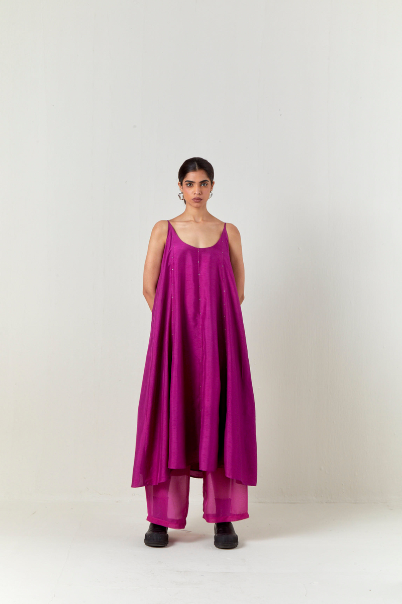 PANELED EMBROIDERED TUNIC CO-ORD-FUCHSIA silk by THREE for women in Singapore