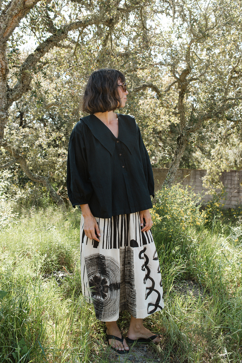 The Joy Skirt-Painted Black handwoven cotton skirt by World of Crow in black motif for women in Singapore