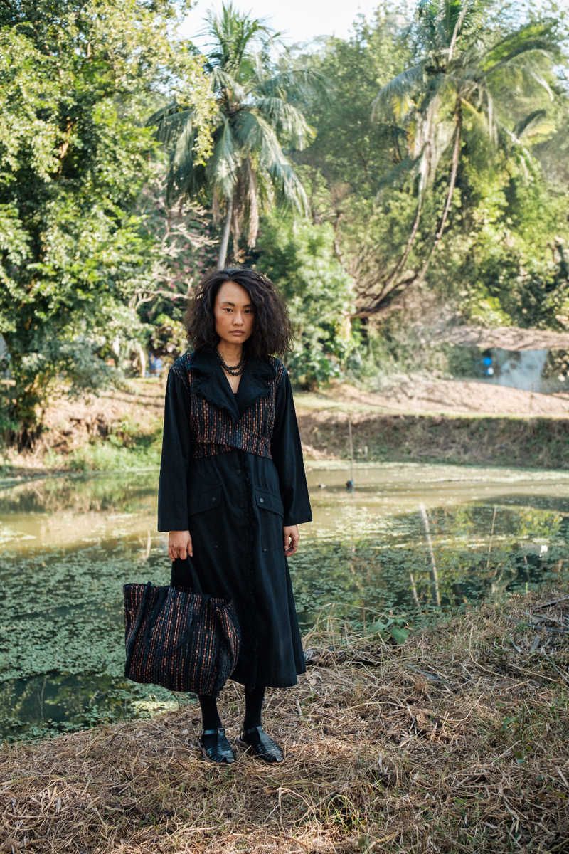 Upcycled Handwoven Copenhagen Trench - Black Copper cotton by The Terra Tribe in black color for women in Singapore