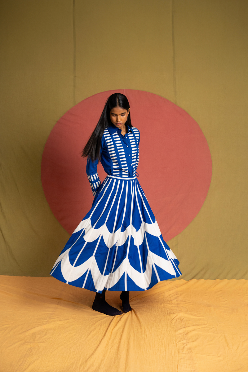 Scala Simp Skirt-Blue and White cotton skirt by Ka-Sha in blue for women in Singapore