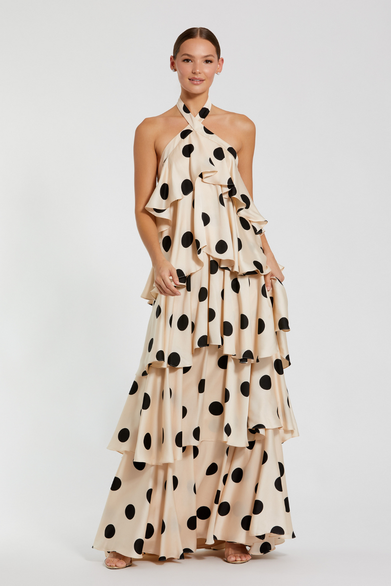 27540-Polka Dot Charmeuse Gown-Cream Black by Mac Duggal in black color for women in Singapore