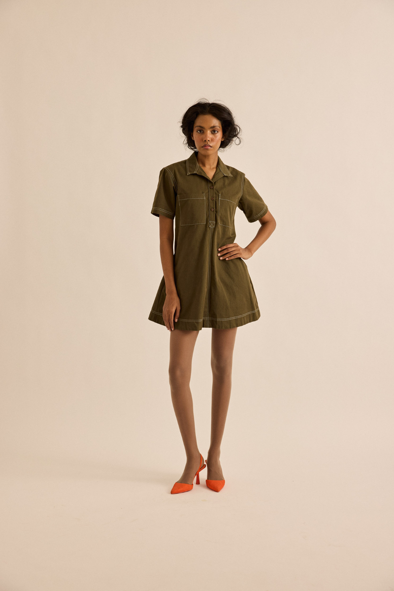 Chive Dress twill dress by Khara Kapas in olive for women in Singapore