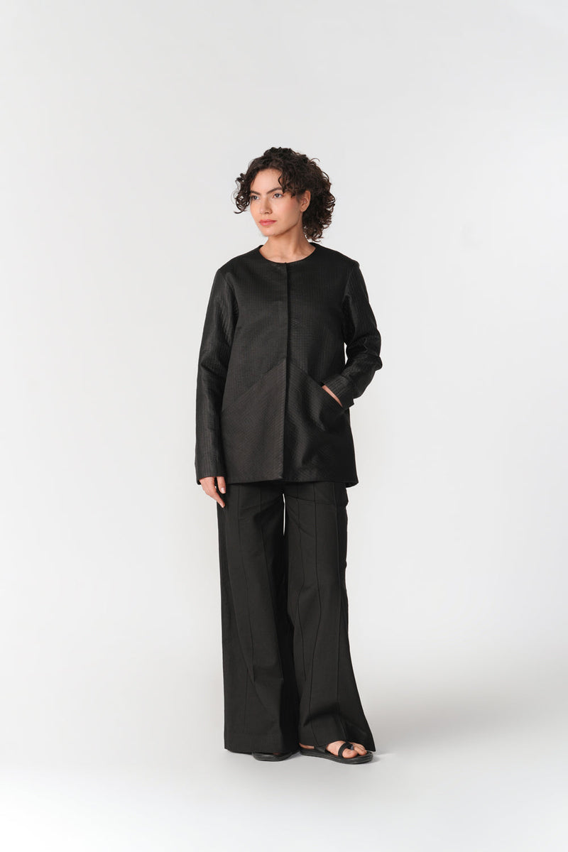 Round Neck Mashru Jacket jacket/overlay by Turn Black in black for women in Singapore
