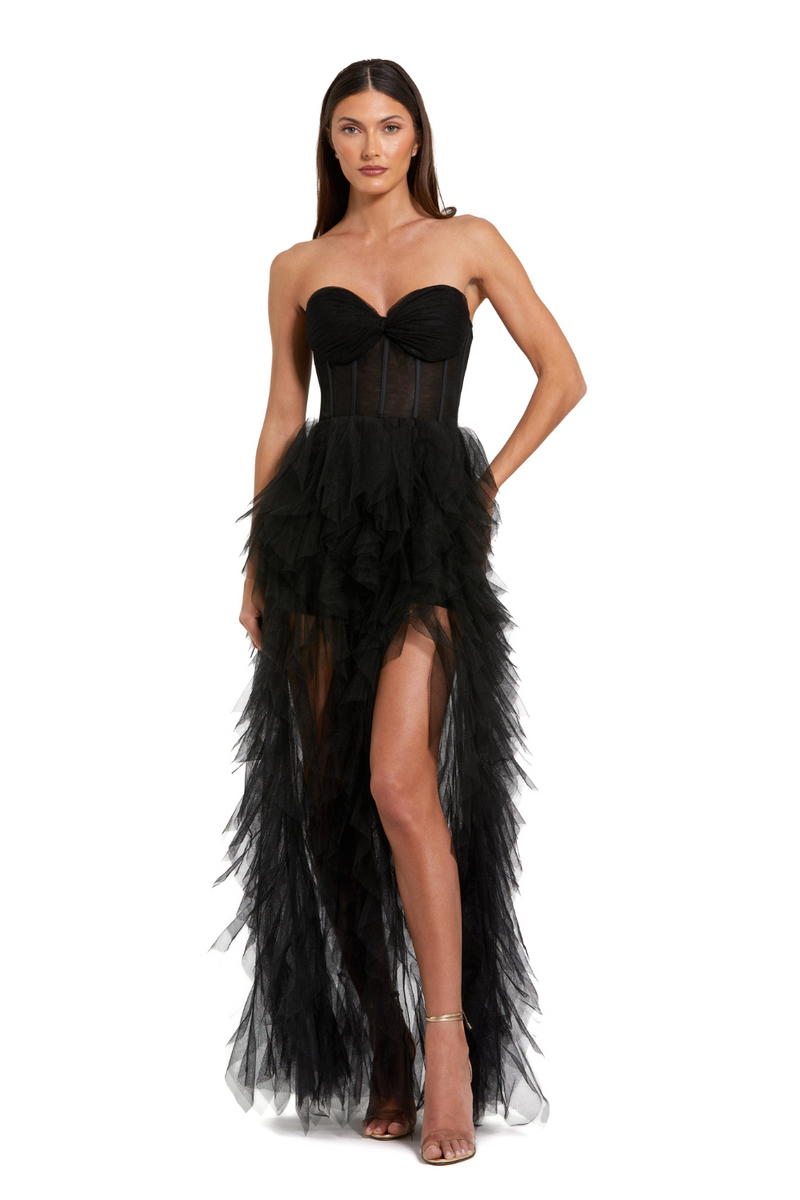 27532-Net Gown with Spiral Ruffles-Black by Mac Duggal in black color for women in Singapore