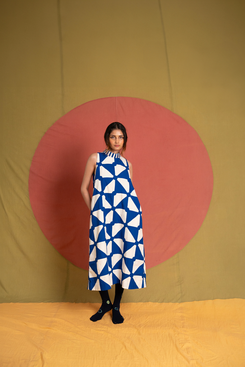 Kite Simp Dress-White and Blue cotton dress by Ka-Sha in blue for women in Singapore