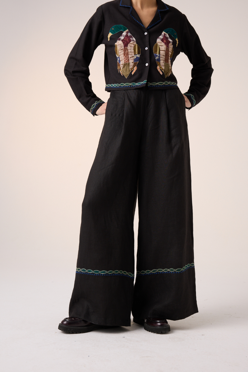 APPLIQUE PANTS -BLACK linen by CORD in multi for women in Singapore