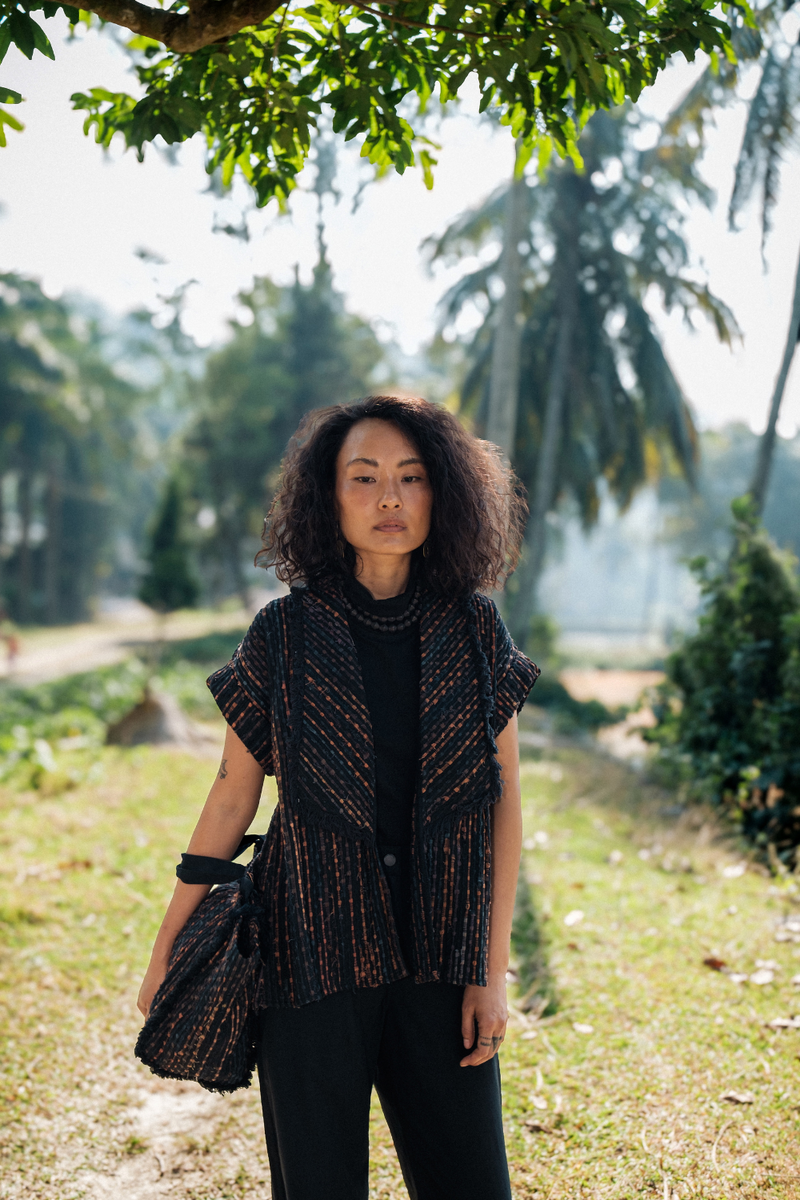 Upcycled Handwoven Berlin shawl collar top - Copper cotton by The Terra Tribe for women in Singapore