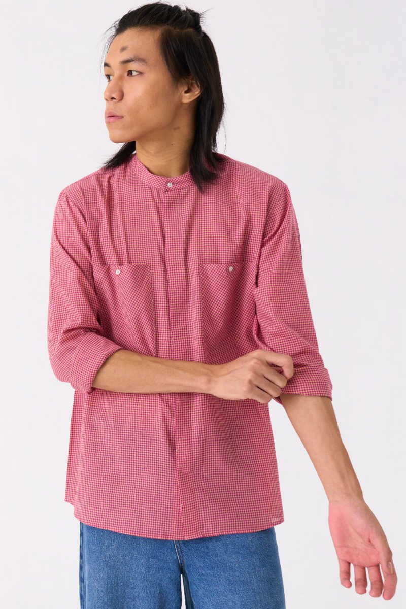 BAND COLLAR SHIRT - PINK CHECK by THREE Men for men in Singapore