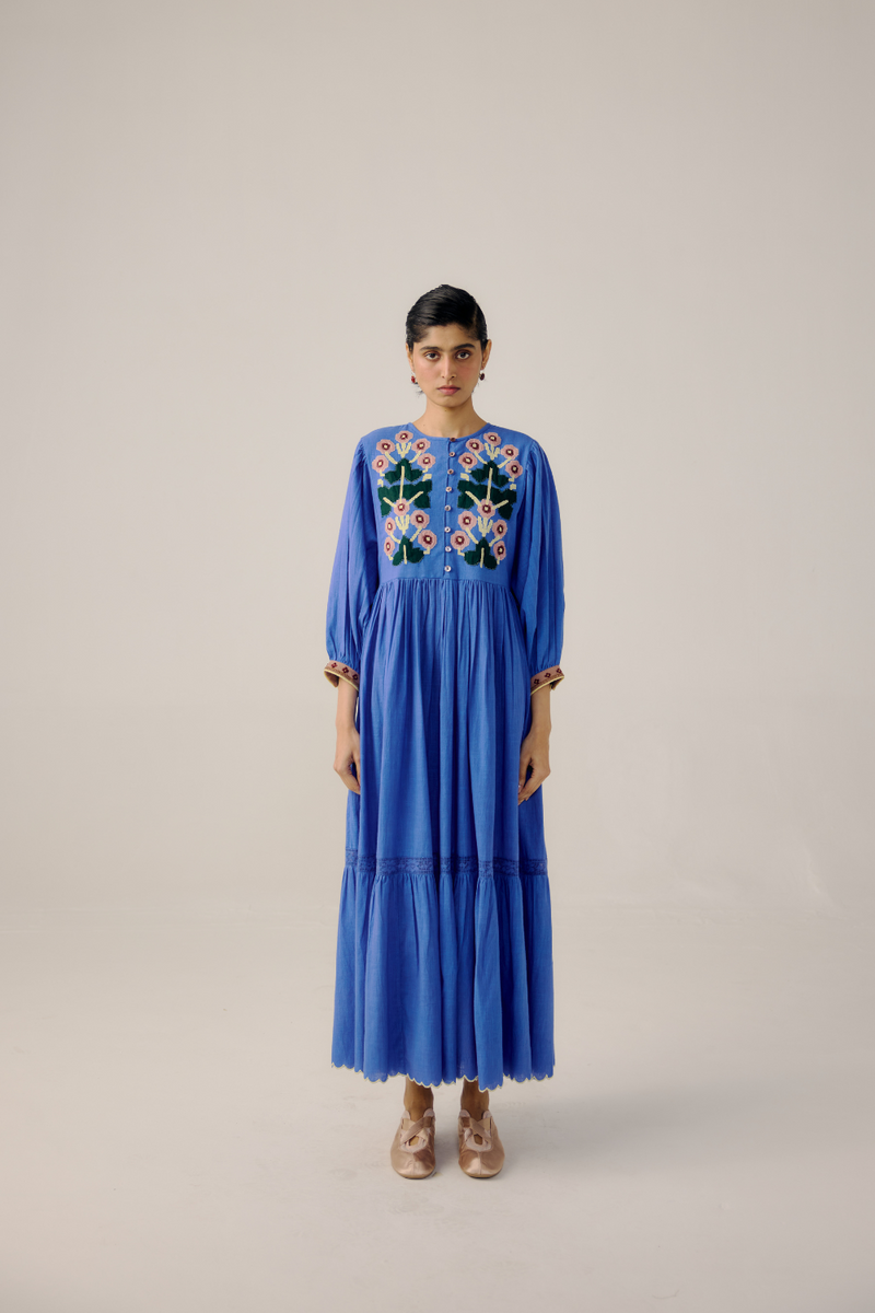 Peasant Dress - Electric Blue linen by CORD in blue for women in Singapore
