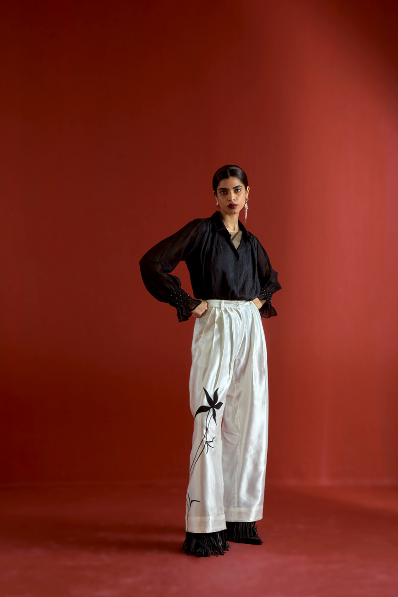 SMOCKING DETAIL SHIRT CO-ORD-BLACK organza by THREE in black color for women in Singapore