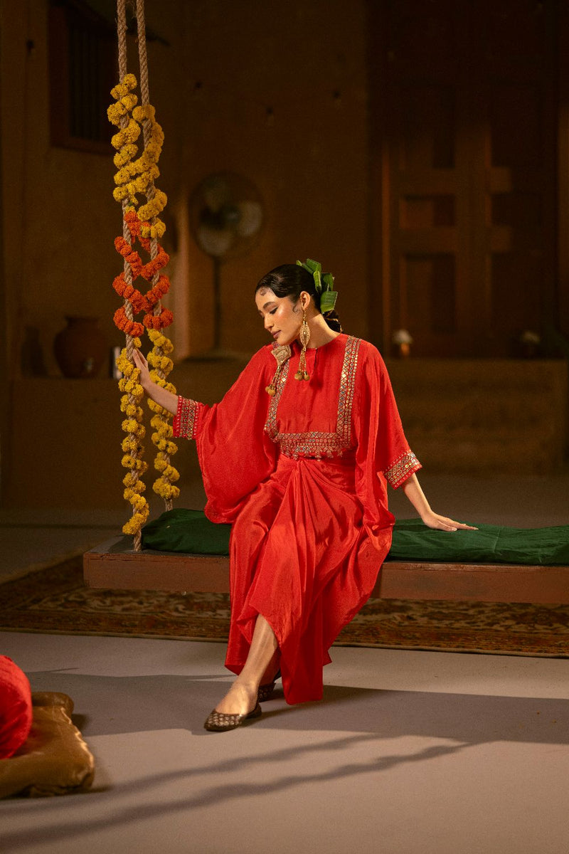 Ramani Nexa Red Hi Low Top & Wrap Skirt Set- Red