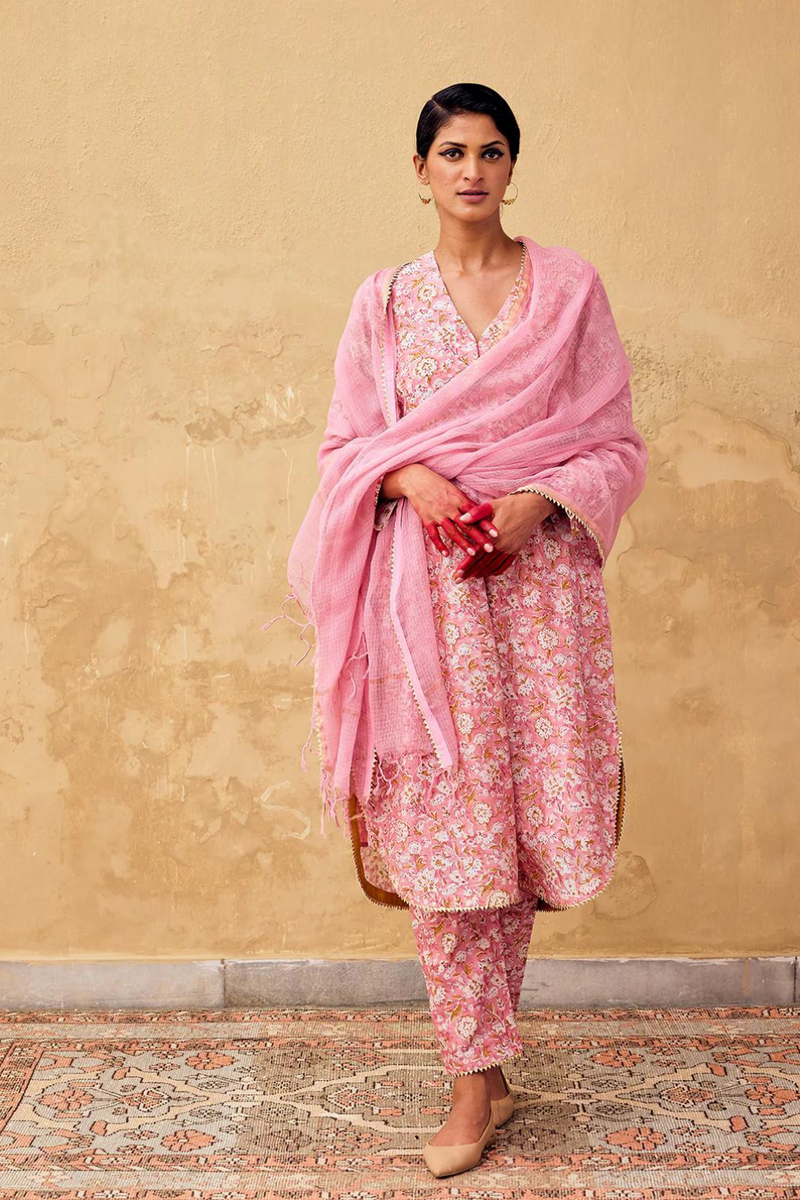 Komal Kurta Set with Dupatta chanderi by Khara Kapas in pink for women in Singapore
