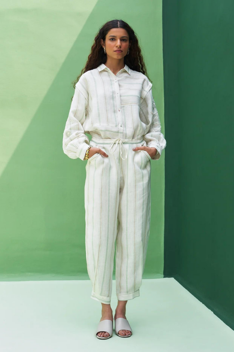 Iona Striped Linen Pant
- Mint linen by Manan in mint color for women in Singapore