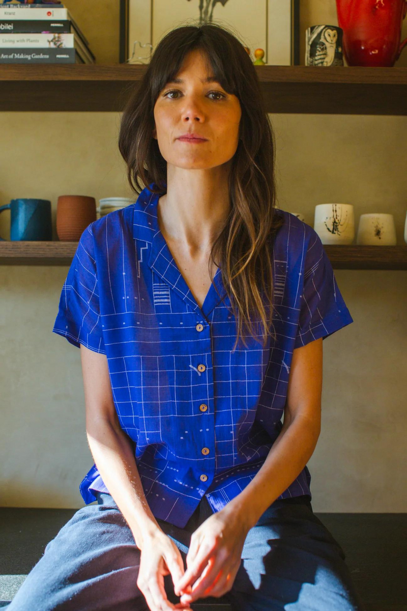 Boro boro shirt-Blue 100% cotton by World of Crow in blue color for women in Singapore