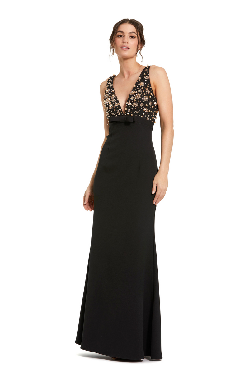 2278-V Neck Gown With Bow-Black by Mac Duggal in black color for women in Singapore
