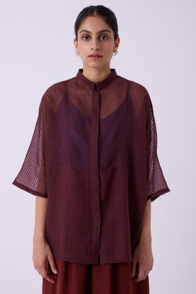 Zuri Blue Checkered HandwovenTop handwoven silk cotton top/shirt by The Summer House in blue for women in Singapore