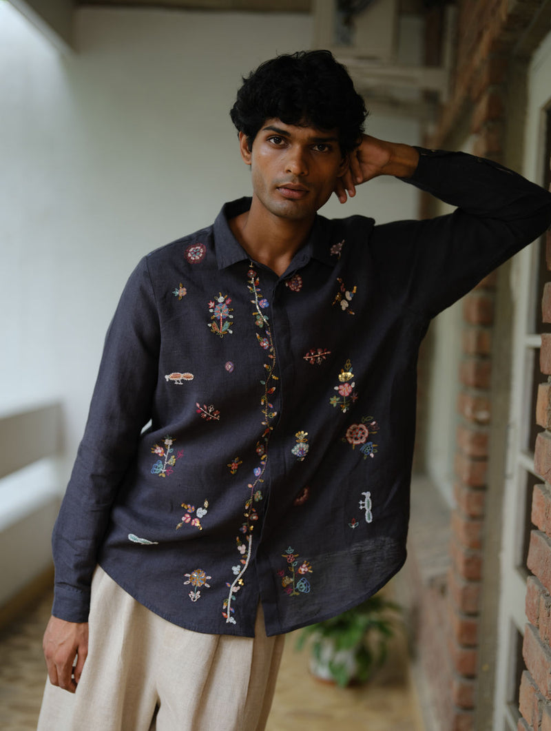 Zai Floral Hand-Embroidered Shirt-Charcoal linen shirt by Manan Men in charcoal for men in Singapore
