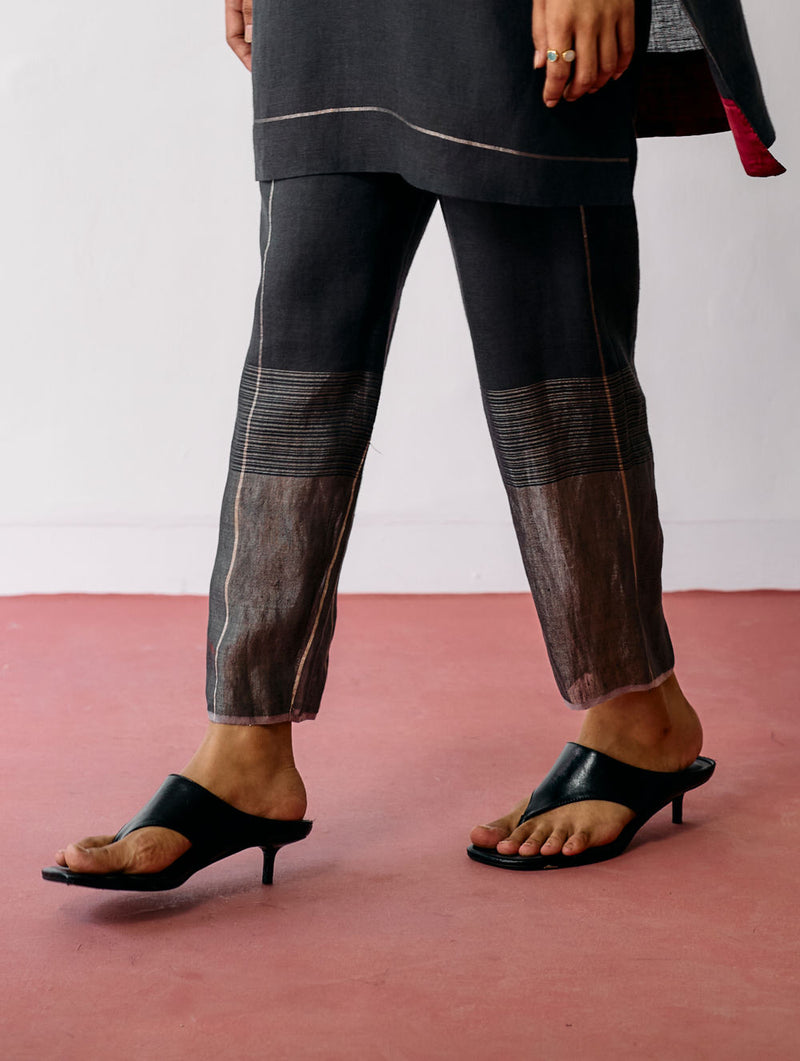 Nila Tapered Metallic Linen Pants-Charcoal linen pant/trousers by Manan in black for women in Singapore