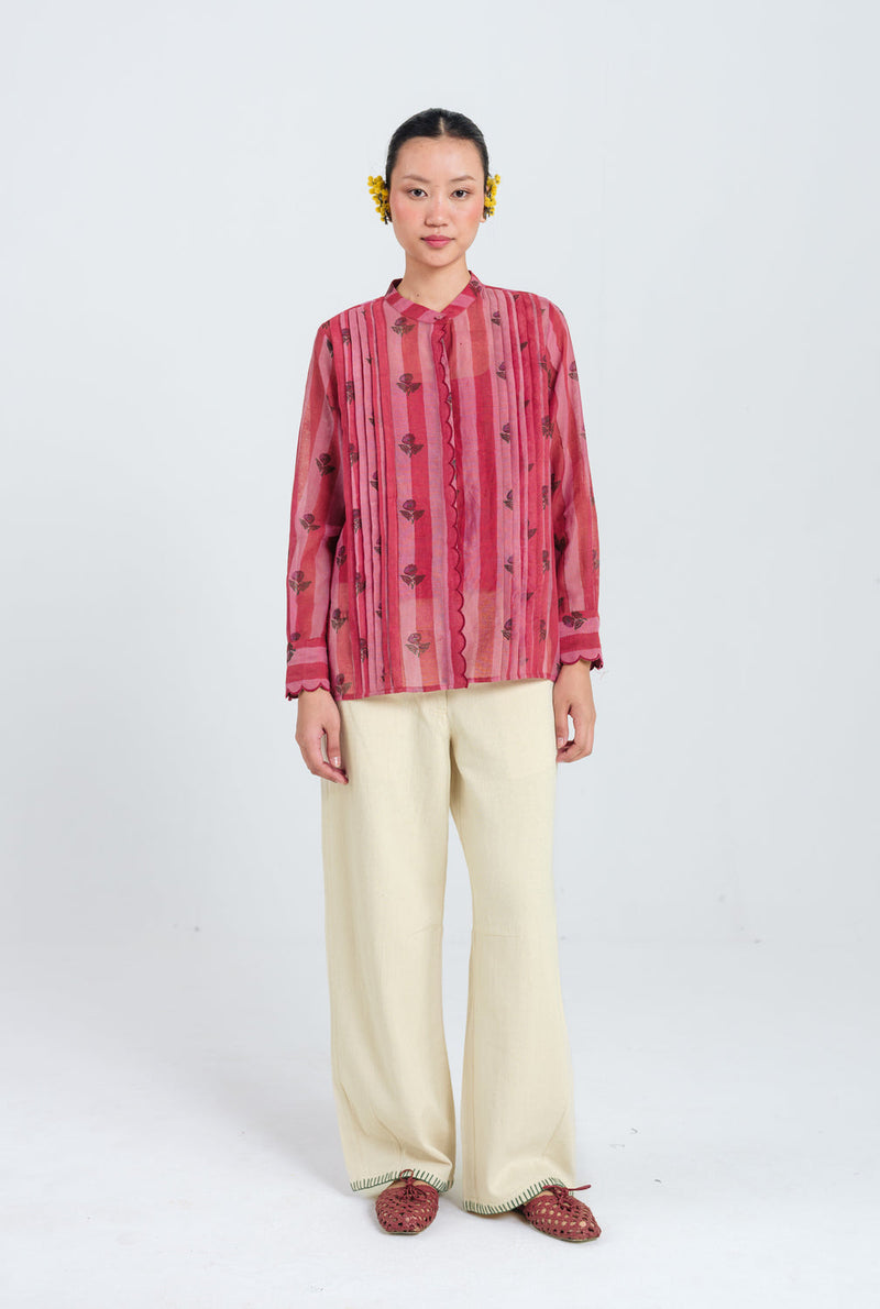Spring Scallop Shirt mul chanderi top/shirt by JodiLife in red, pink for women in Singapore