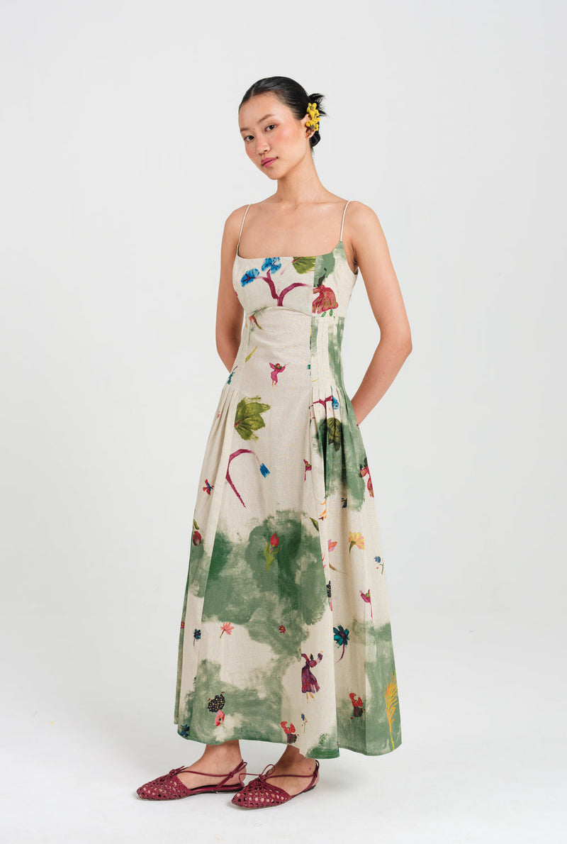 Sway Pleated Dress cotton flex dress by JodiLife in offwhite, green for women in Singapore