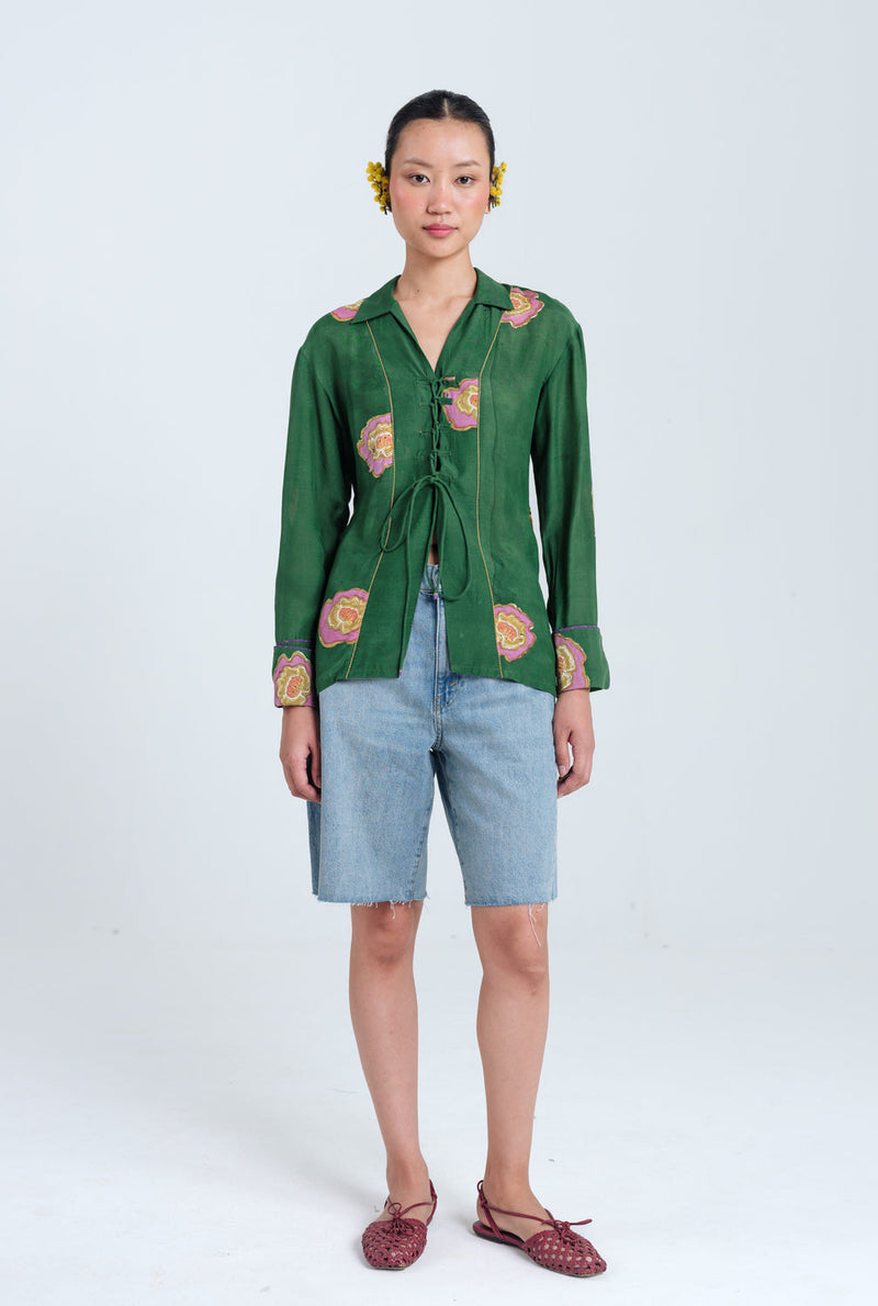 Flow Blouse muslin silk top/shirt by JodiLife in green for women in Singapore