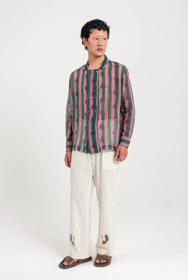 Twirl Shirt mul chanderi shirt by Jodi Men in green, pink for men in Singapore