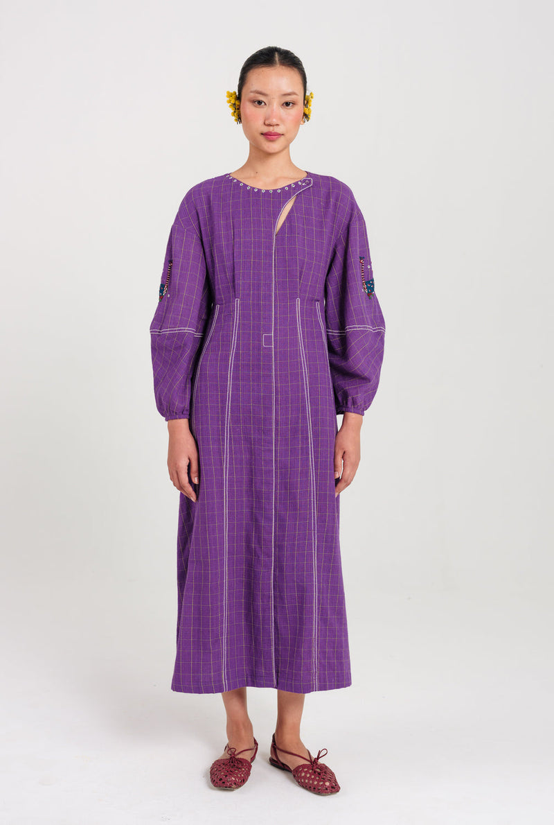 Drift Handloom Day Dress handwoven cotton dress by JodiLife in purple for women in Singapore