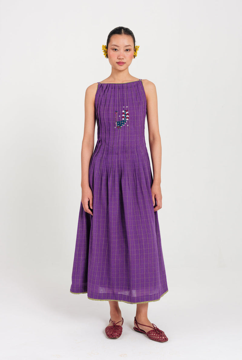 Drift Handloom Pleated Dress handwoven cotton dress by JodiLife in purple for women in Singapore