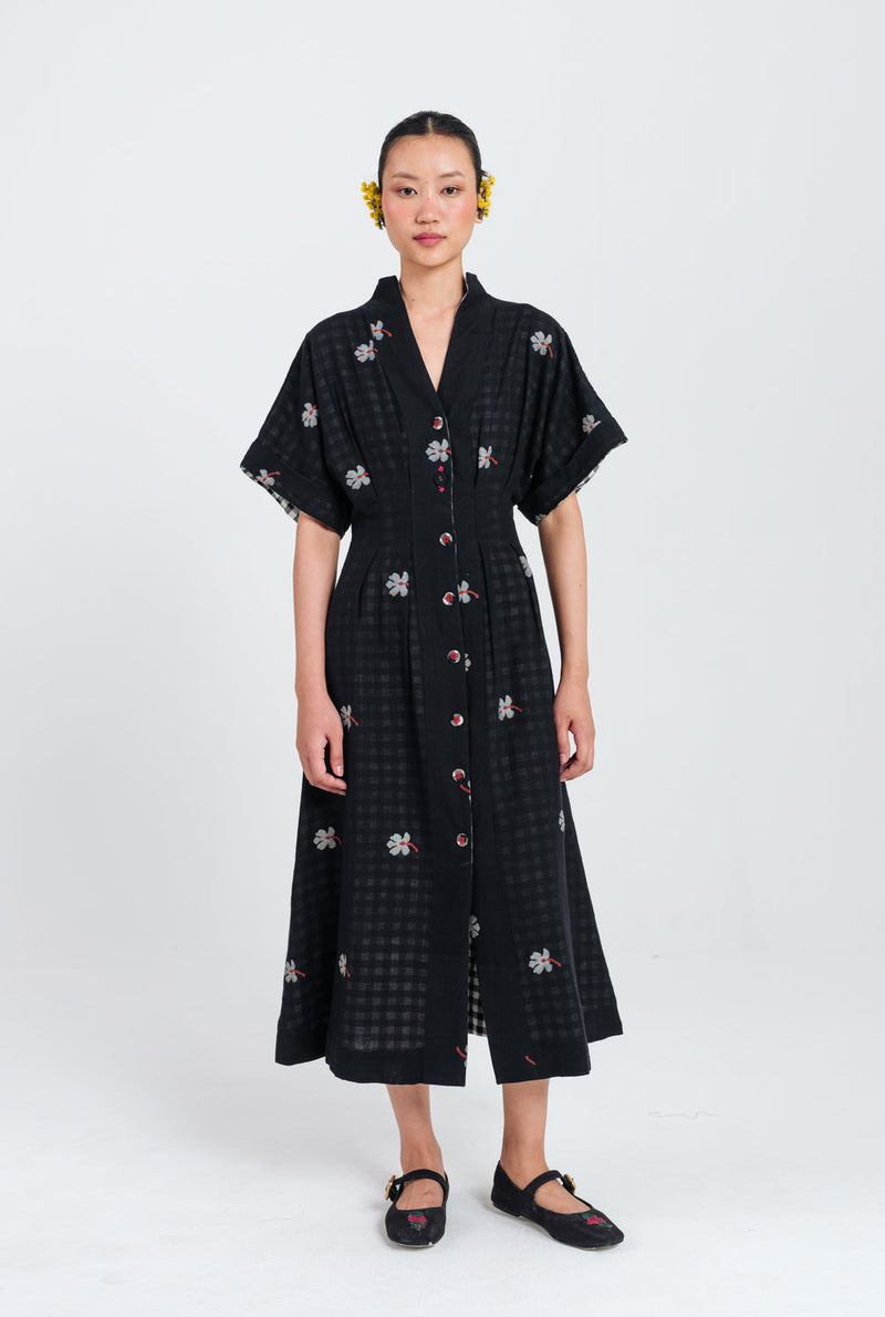 Leap Jamdani Midi Dress jamdani dress by JodiLife in black for women in Singapore