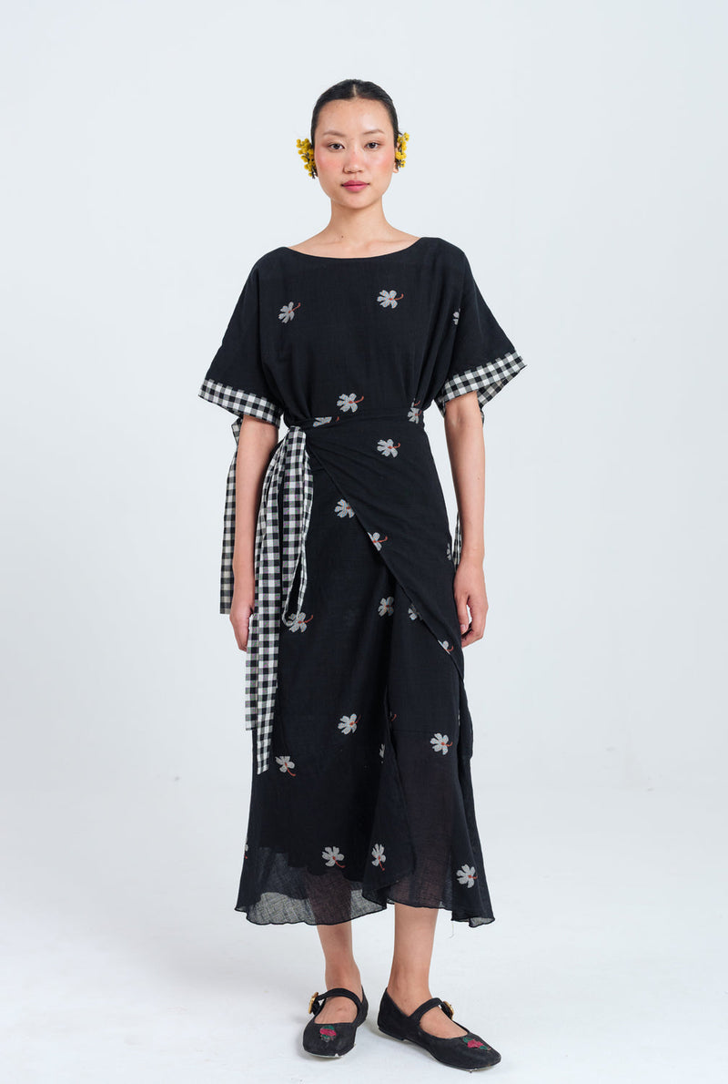 Leap Jamdani Tie-Up Dress jamdani dress by JodiLife in black for women in Singapore