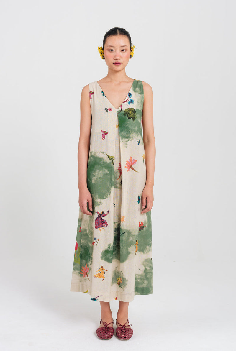 Sway Day Dress cotton flex dress by JodiLife in offwhite, green for women in Singapore