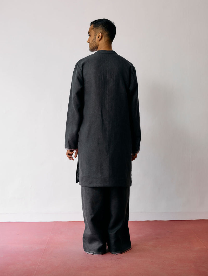 Keta Hand-Embroidered Linen Kurta-Charcoal linen kurta/kurta set by Manan Men in charcoal for men in Singapore