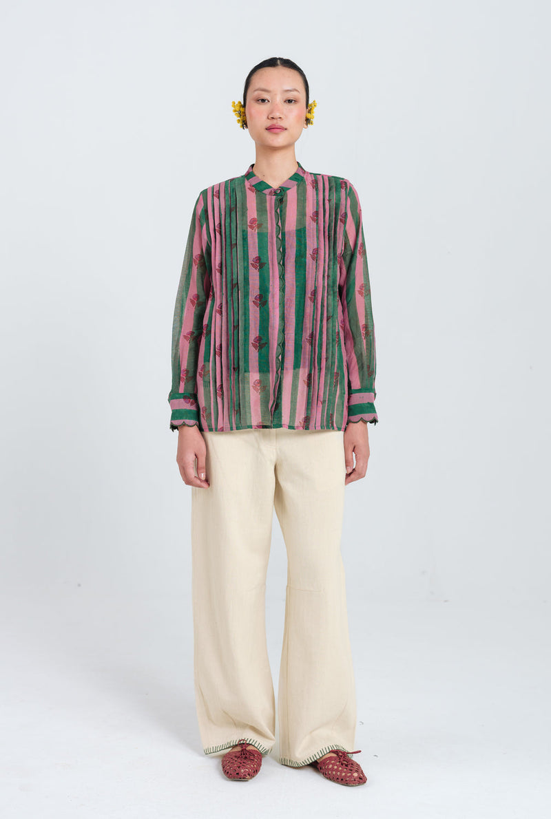 Twirl Scallop Shirt mul chanderi top/shirt by JodiLife in pink, green for women in Singapore