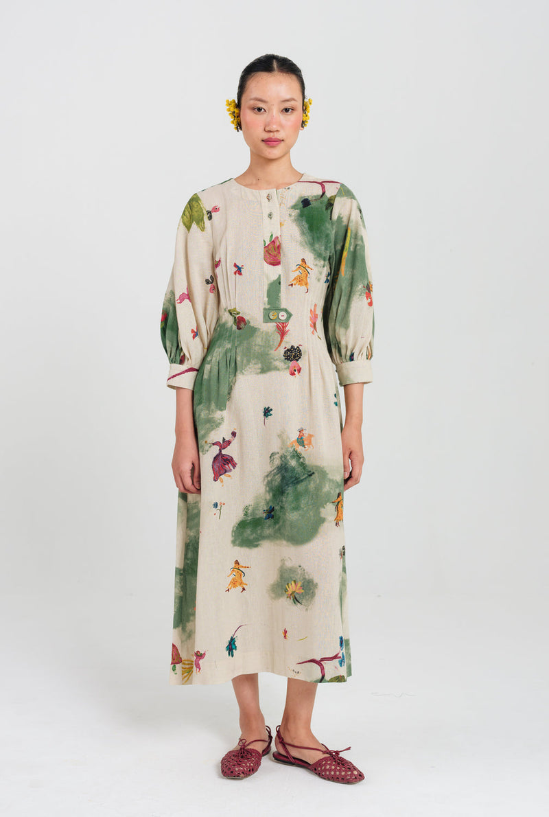 Sway Midi Dress cotton flex dress by JodiLife in offwhite, green for women in Singapore