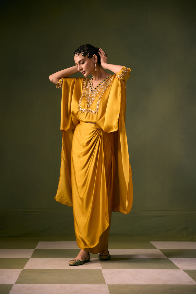 Nexa Antifit Top with Wrap Skirt vegan satin indo-western by PRAHNAAYA in musturd yellow for women in Singapore