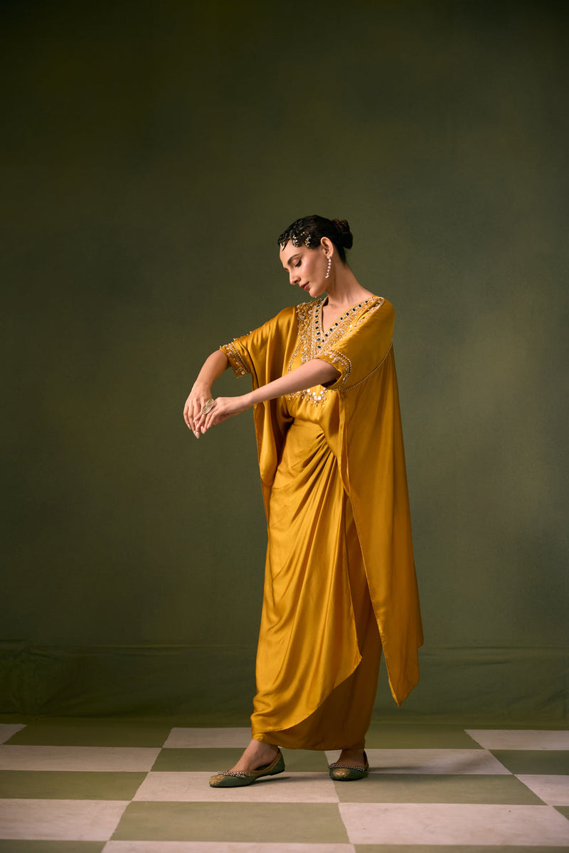 Nexa Antifit Top with Wrap Skirt vegan satin indo-western by PRAHNAAYA in musturd yellow for women in Singapore
